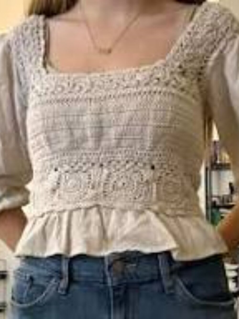 New small American Eagle cream puff sleeve crochet blouse 13 Ptp length 17 inch